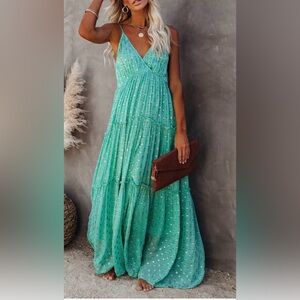 Vici dolls spaghetti strap Teal and gold Maxi Dress bohemian style